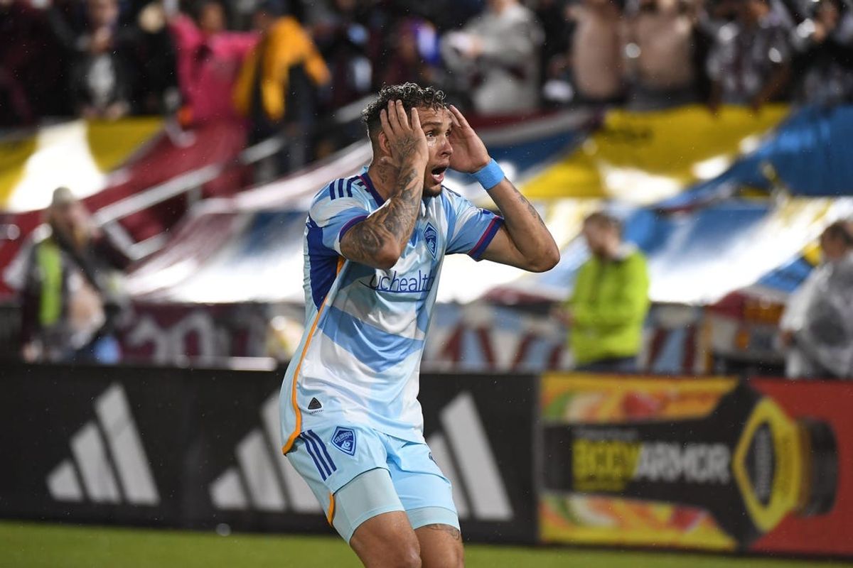 May 11, 2024; Commerce City, Colorado, USA; Colorado Rapids forward Rafael Navarro (9) reacts after being called offsides in the first half against the San Jose Earthquakes at Dick's Sporting Goods Park. Mandatory Credit: Christopher Hanewinckel-USA TODAY Sports