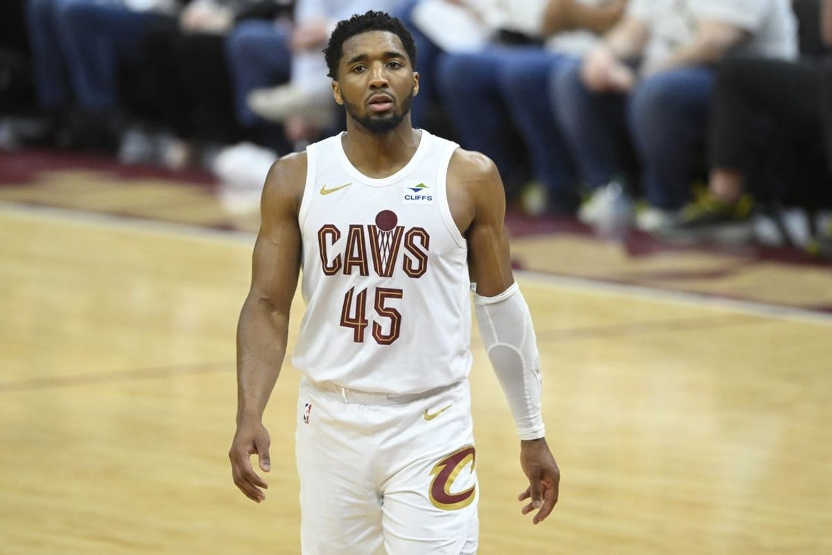 May 11, 2024; Cleveland, Ohio, USA; Cleveland Cavaliers guard Donovan Mitchell (45) reacts in the fourth quarter of game three of the second round of the 2024 NBA playoffs against the Boston Celtics at Rocket Mortgage FieldHouse. Mandatory Credit: David Richard-USA TODAY Sports