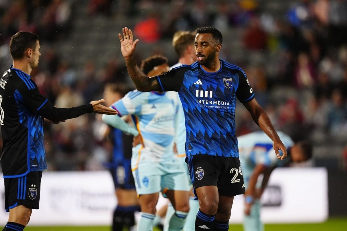 May 11, 2024; Commerce City, Colorado, USA; San Jose Earthquakes defender Carlos Akapo (29) and defender Paul Marie (3) react in the second half against the Colorado Rapids at Dick's Sporting Goods Park. Mandatory Credit: Ron Chenoy-USA TODAY Sports