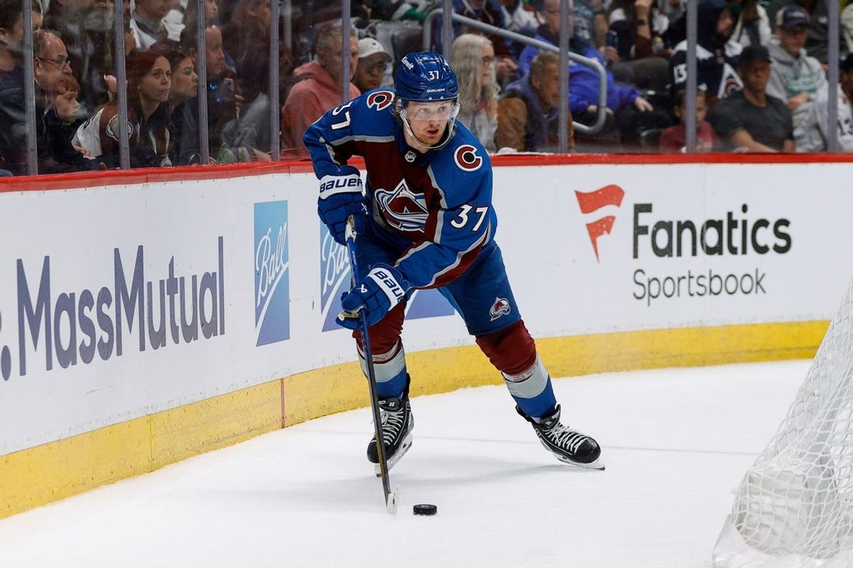 May 11, 2024; Denver, Colorado, USA; Colorado Avalanche center Casey Mittelstadt (37) controls the puck in the third period against the Dallas Stars in game three of the second round of the 2024 Stanley Cup Playoffs at Ball Arena. Mandatory Credit: Isaiah J. Downing-USA TODAY Sports