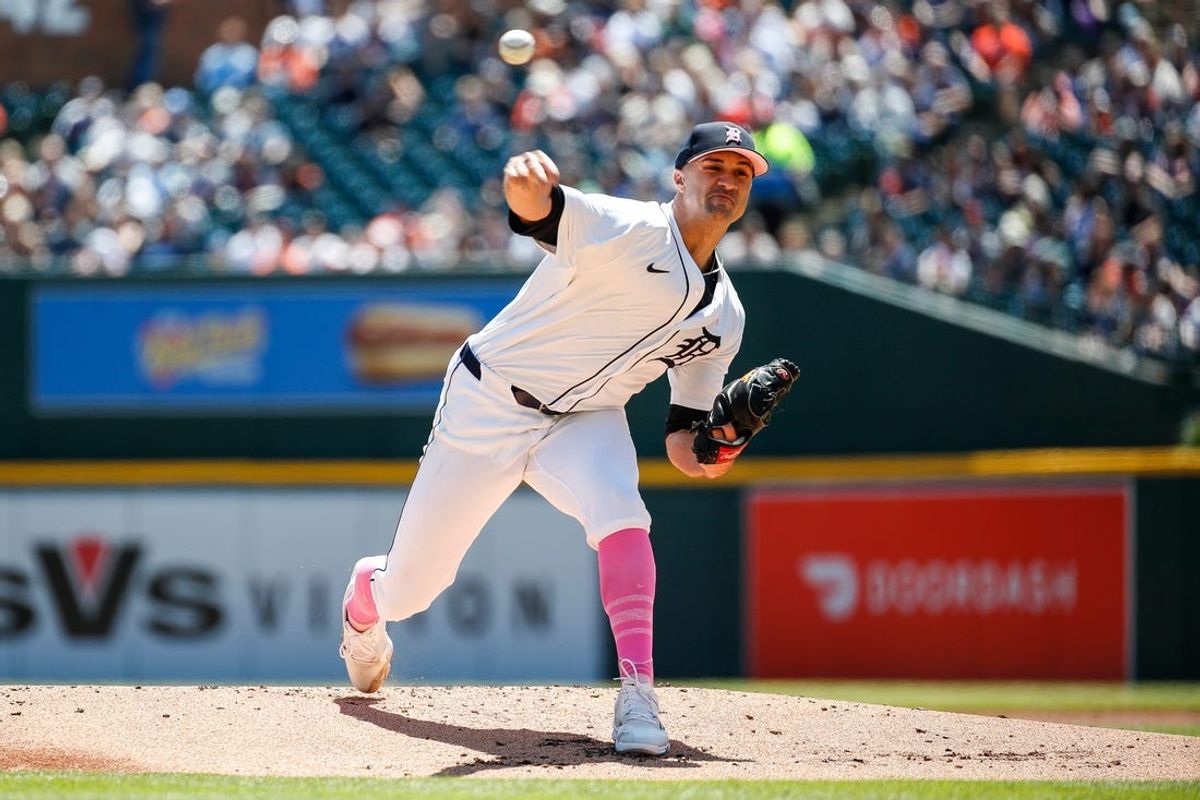 Detroit Tigers pitcher Jack Flaherty throws against Houston Astros during the first inning at Comerica Park in Detroit on Sunday, May 12, 2024.