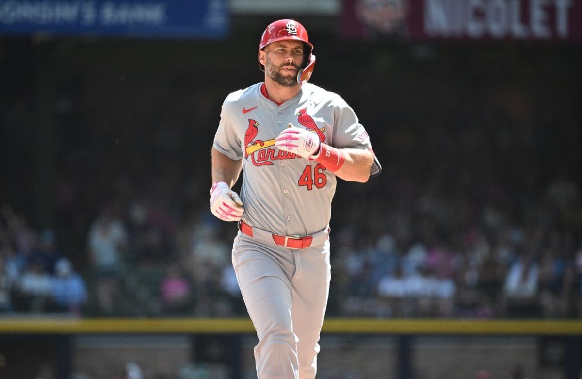 May 12, 2024; Milwaukee, Wisconsin, USA; St. Louis Cardinals first base Paul Goldschmidt (46) rounds the bases after hitting a home run against the Milwaukee Brewers in the fifth inning at American Family Field. Mandatory Credit: Michael McLoone-USA TODAY Sports