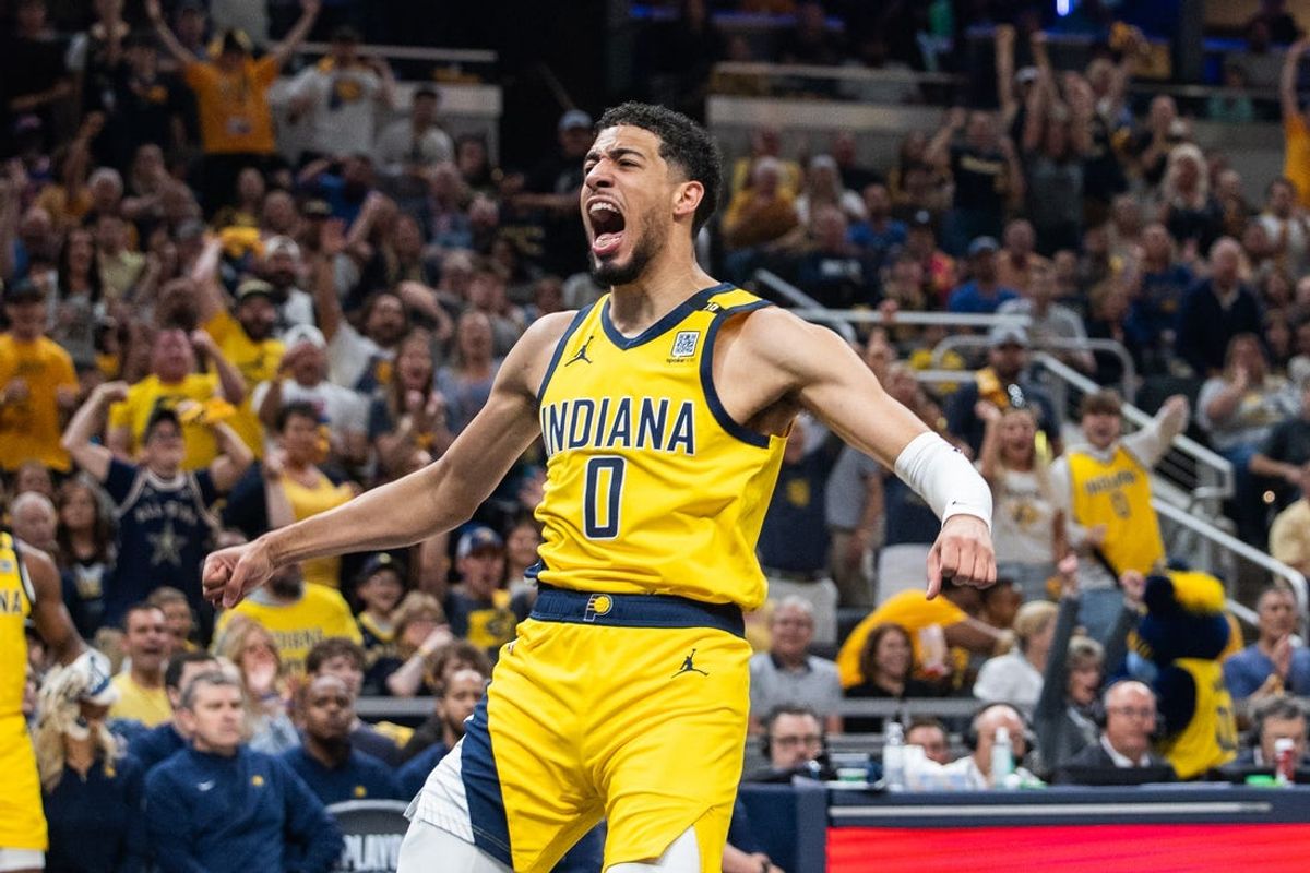 May 12, 2024; Indianapolis, Indiana, USA;  Indiana Pacers guard Tyrese Haliburton (0) celebrates a made basket during game four of the second round for the 2024 NBA playoffs against the New York Knicks at Gainbridge Fieldhouse. Mandatory Credit: Trevor Ruszkowski-USA TODAY Sports
