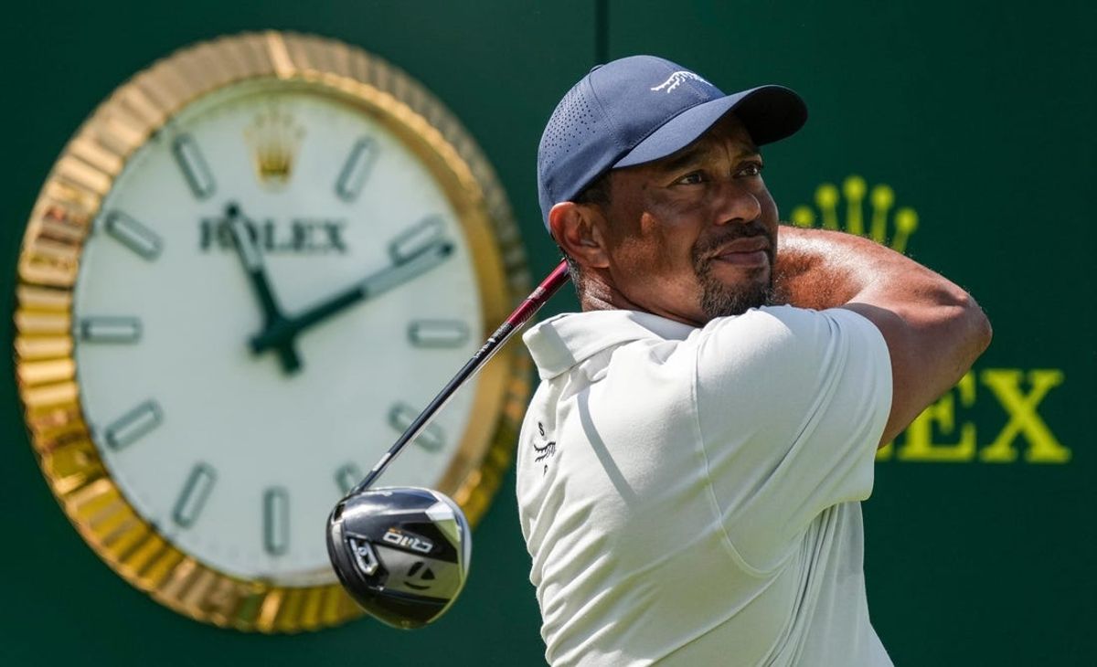 Tiger Woods on the 18th tee during the 2024 PGA Championship practice Monday at Valhalla Golf Course in Louisville, Ky. May 13, 2024.