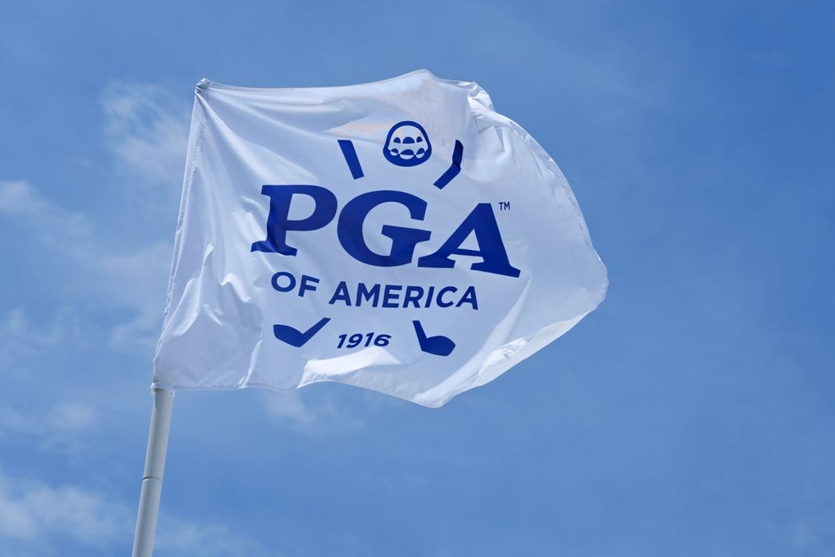 May 13, 2024; Louisville, Kentucky, USA; A PGA of America flag during a practice round for the PGA Championship golf tournament at Valhalla Golf Club. Mandatory Credit: Aaron Doster-Imagn Images