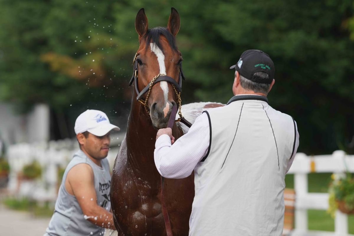 May 13, 2024; Baltimore, Maryland, USA; Kentucky Derby winner Mystik Dan gets a post exercise bath this morning with assistant trainer Ray Bryner (right) and groomer Oswaldo Rafael (left) at Pimlico Race Course. Mandatory Credit: Mitch Stringer-USA TODAY Sports