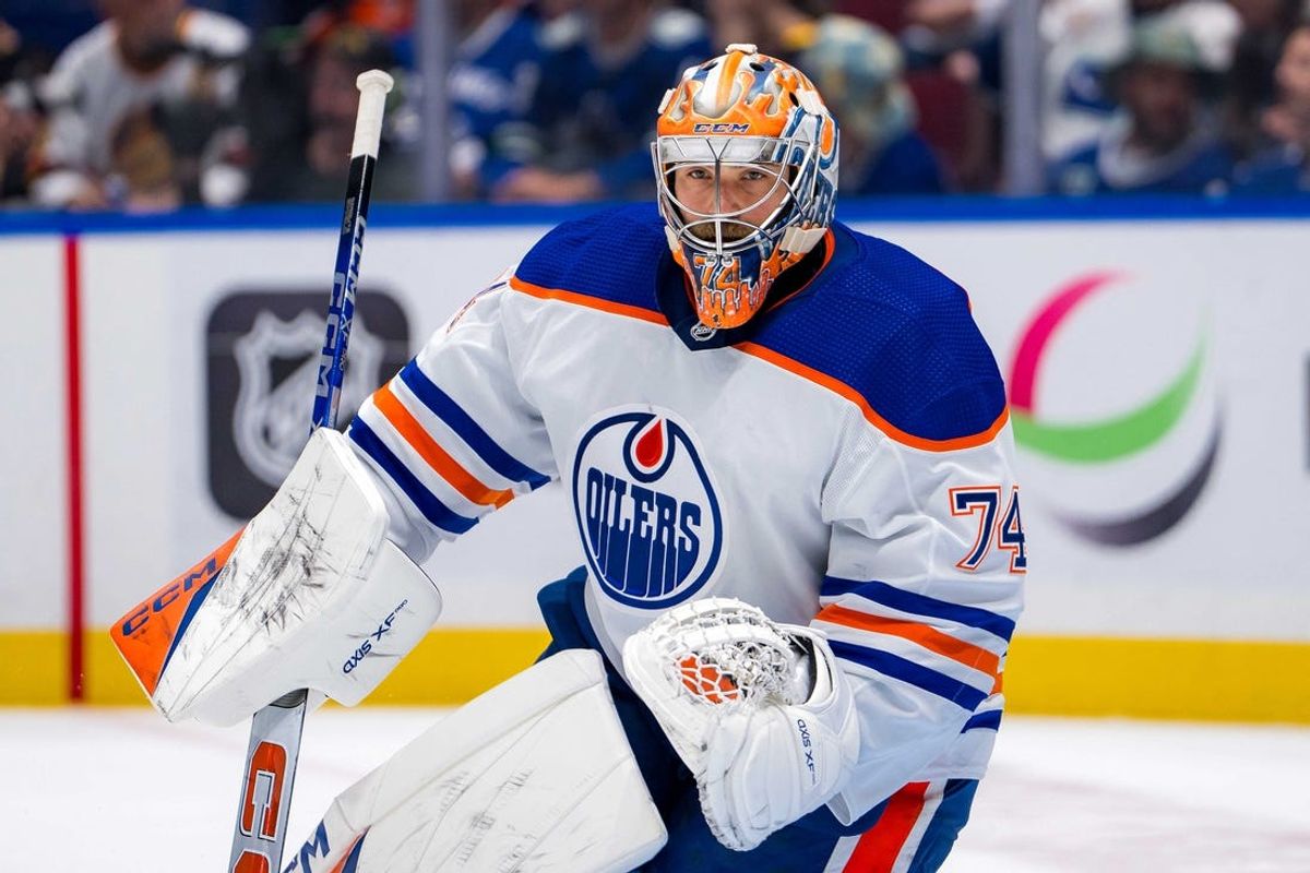 May 10, 2024; Vancouver, British Columbia, CAN; Edmonton Oilers goalie Stuart Skinner (74) in the net against the Vancouver Canucks during the first period in game two of the second round of the 2024 Stanley Cup Playoffs at Rogers Arena. Mandatory Credit: Bob Frid-USA TODAY Sports