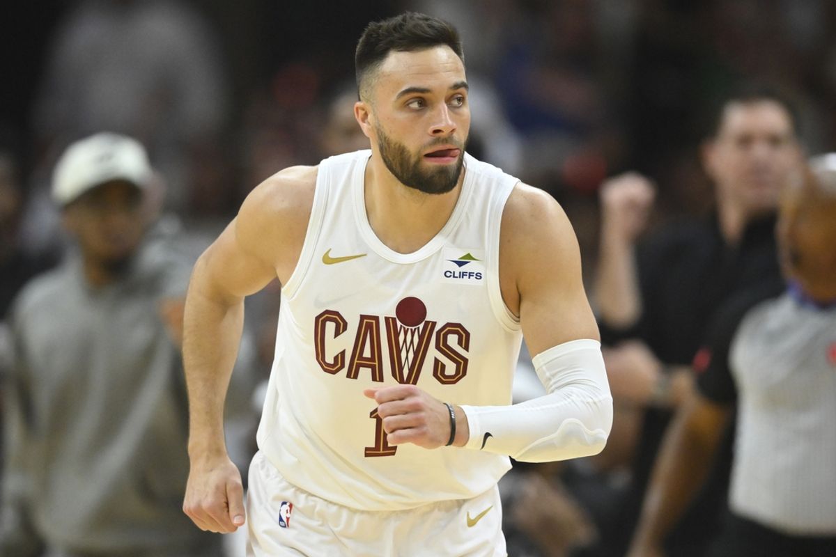 May 13, 2024; Cleveland, Ohio, USA; Cleveland Cavaliers guard Max Strus (1) reacts after making a three-point basket against the Boston Celtics in the second quarter of game four of the second round for the 2024 NBA playoffs at Rocket Mortgage FieldHouse. Mandatory Credit: David Richard-Imagn Images