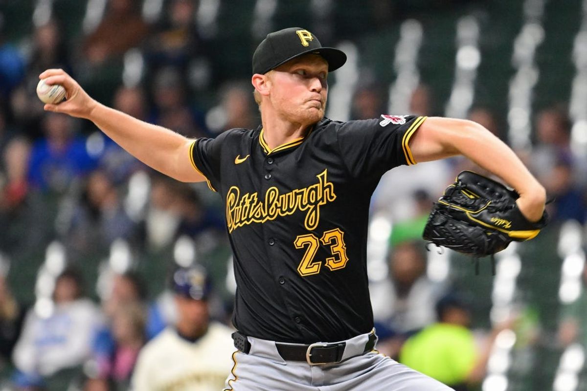 May 13, 2024; Milwaukee, Wisconsin, USA; Pittsburgh Pirates pitcher Mitch Keller (23) throws a pitch in the first inning against the Milwaukee Brewers at American Family Field. Mandatory Credit: Benny Sieu-USA TODAY Sports