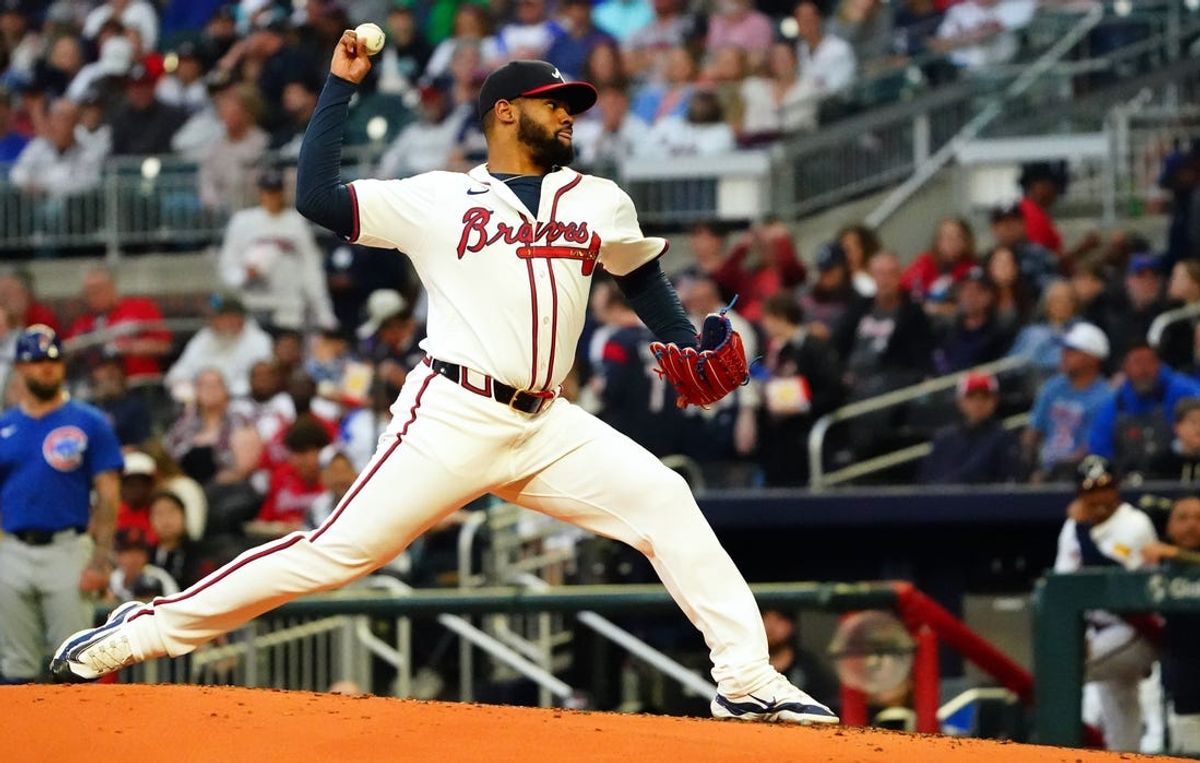 May 13, 2024; Cumberland, Georgia, USA; Atlanta Braves pitcher Reynaldo Lopez (40) cycles through a pitch against the Chicago Cubs during the third inning at Truist Park. Mandatory Credit: John David Mercer-USA TODAY Sports