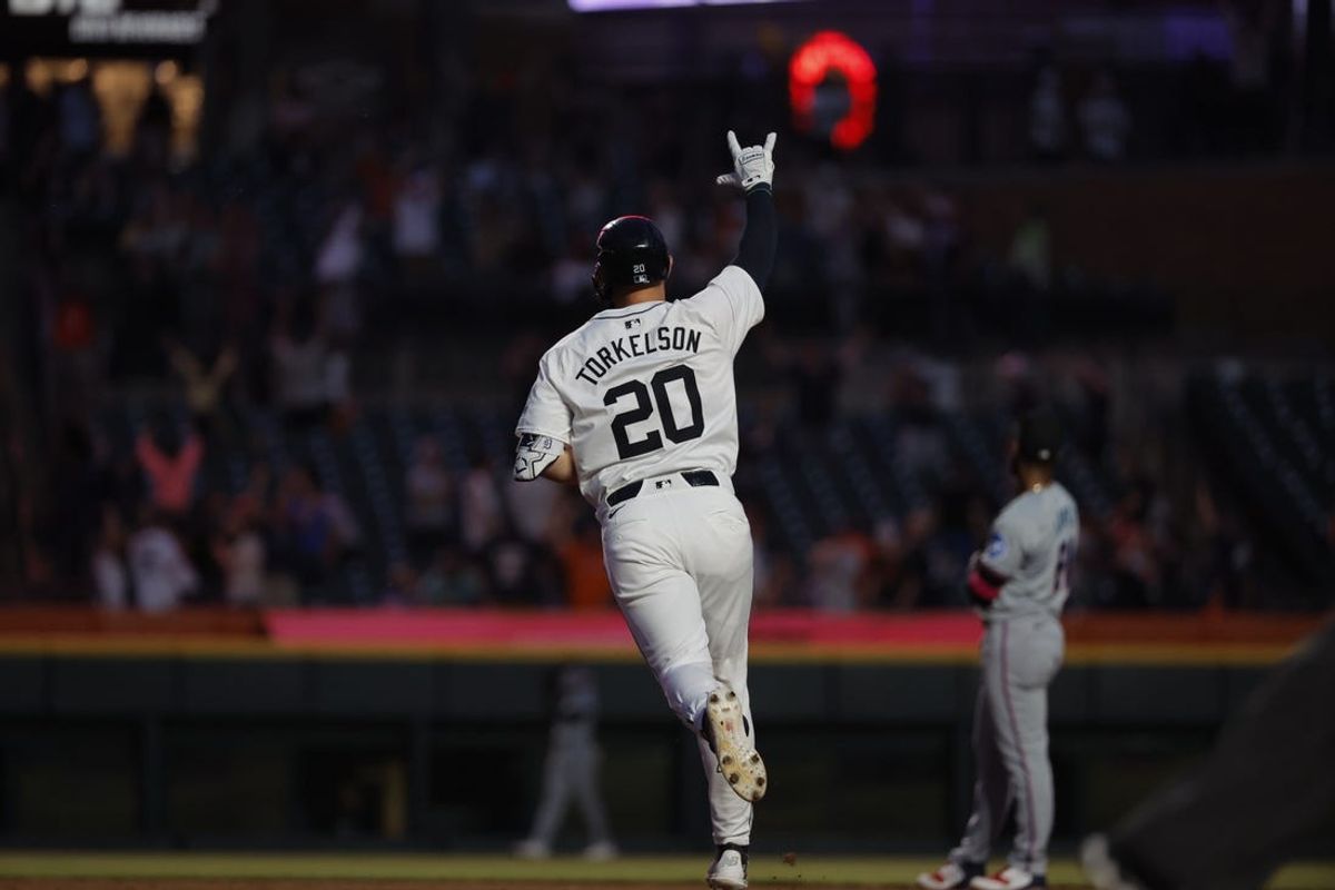 May 13, 2024; Detroit, Michigan, USA;  Detroit Tigers first base Spencer Torkelson (20) celebrates after he hits a two run home run in the eighth inning against the Miami Marlins at Comerica Park. Mandatory Credit: Rick Osentoski-USA TODAY Sports