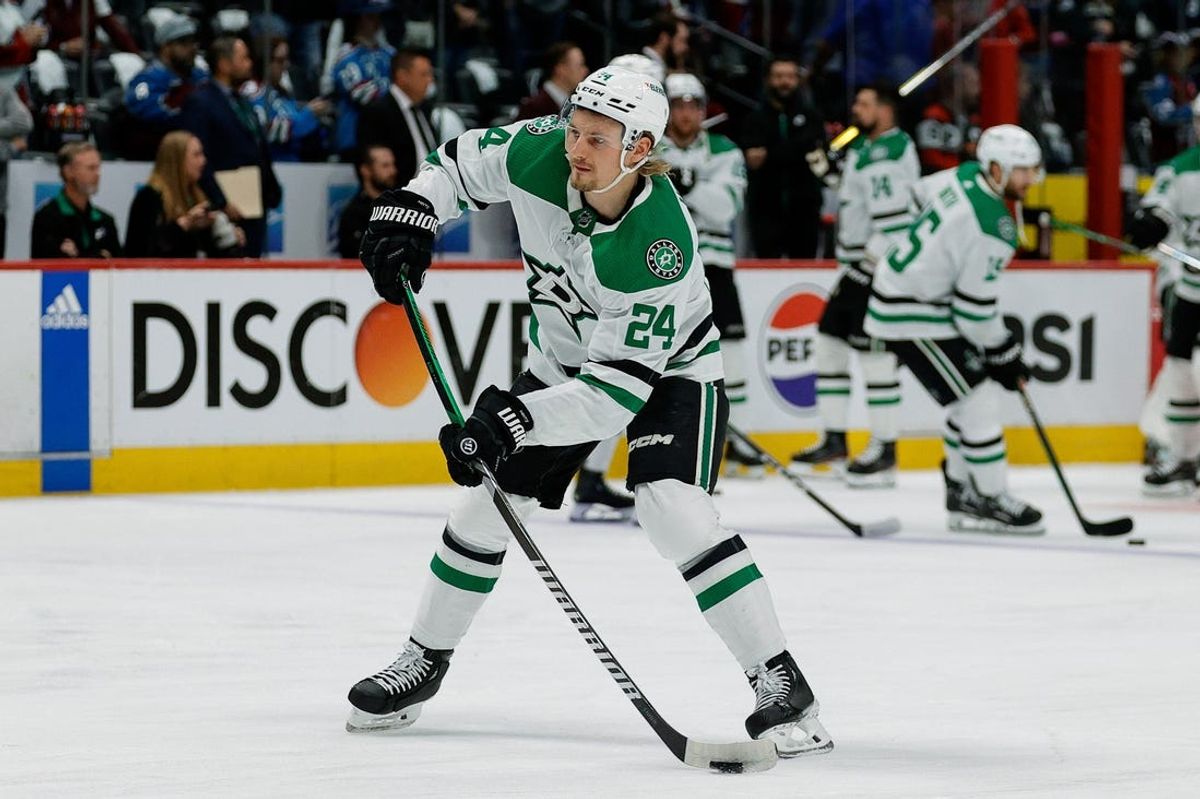 May 13, 2024; Denver, Colorado, USA; Dallas Stars center Roope Hintz (24) warms up before game four against the Colorado Avalanche in the second round of the 2024 Stanley Cup Playoffs at Ball Arena. Mandatory Credit: Isaiah J. Downing-USA TODAY Sports
