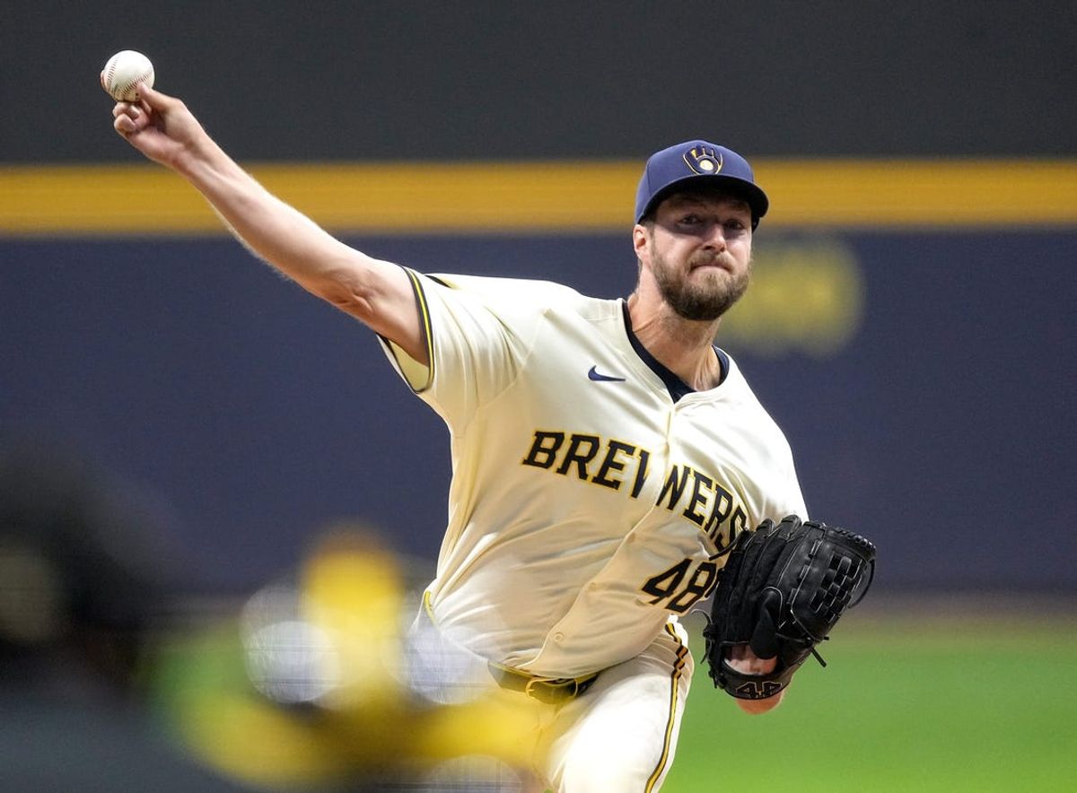 Milwaukee Brewers pitcher Colin Rea (48) throws during the first inning of their game against the Pittsburgh Pirates Monday, May 13, 2024 at American Family Field in Milwaukee, Wisconsin.Mark Hoffman/Milwaukee Journal Sentinel
