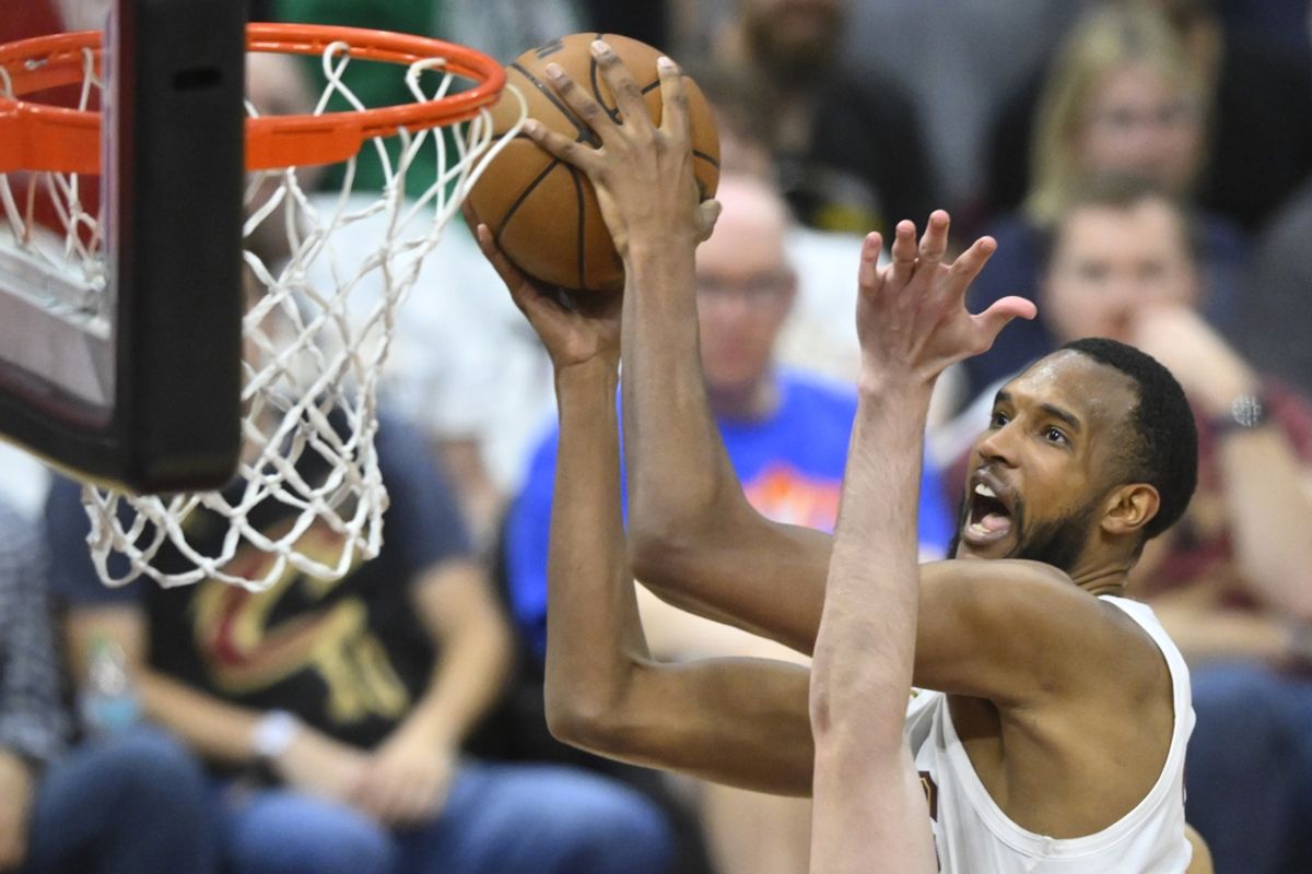 May 13, 2024; Cleveland, Ohio, USA; Cleveland Cavaliers forward Evan Mobley (4) drives to the basket against the Boston Celtics in the third quarter of game four of the second round for the 2024 NBA playoffs at Rocket Mortgage FieldHouse. Mandatory Credit: David Richard-USA TODAY Sports