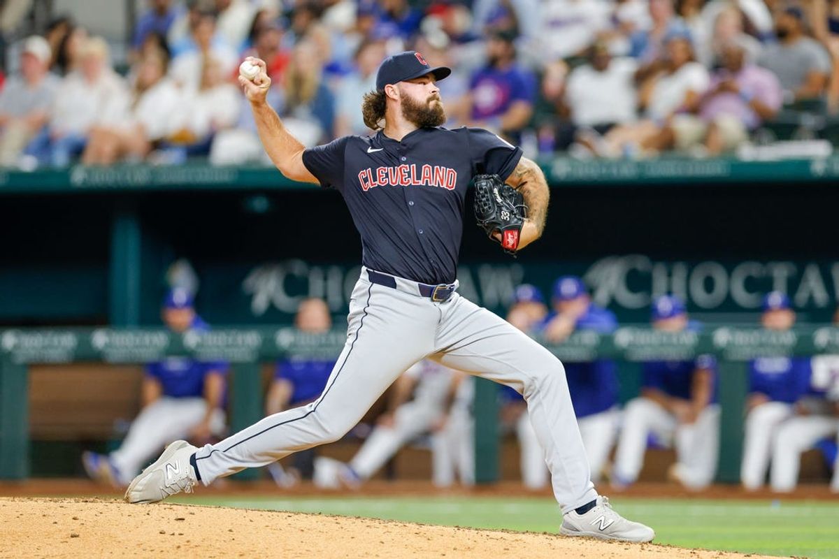 May 13, 2024; Arlington, Texas, USA; Cleveland Guardians pitcher Hunter Gaddis (33) comes on in relief during the seventh inning against the Texas Rangers at Globe Life Field. Mandatory Credit: Andrew Dieb-USA TODAY Sports