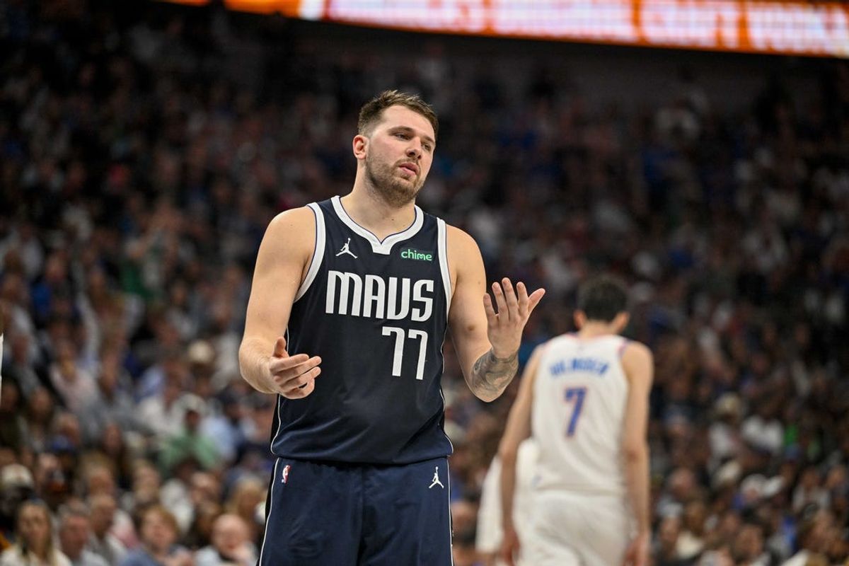 May 13, 2024; Dallas, Texas, USA; Dallas Mavericks guard Luka Doncic (77) reacts to a foul call against the Oklahoma City Thunder during the second quarter in game four of the second round for the 2024 NBA playoffs at American Airlines Center. Mandatory Credit: Jerome Miron-USA TODAY Sports