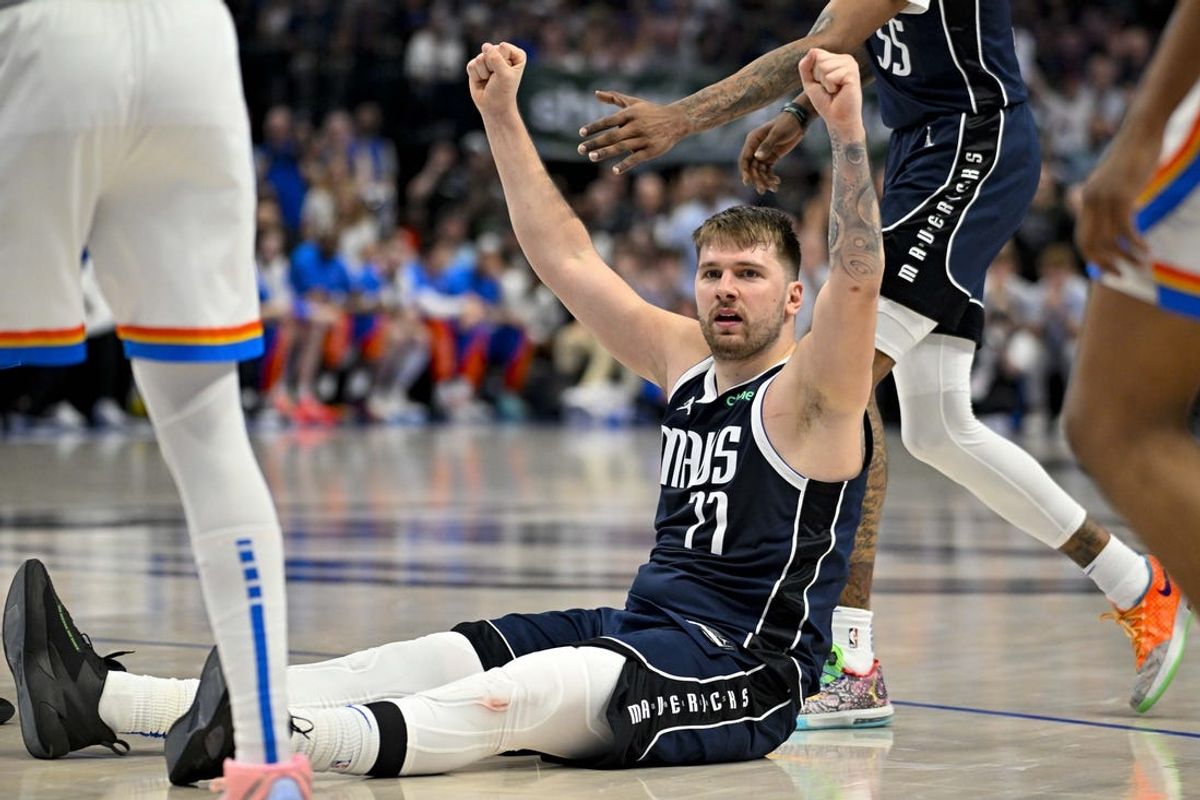 May 13, 2024; Dallas, Texas, USA; Dallas Mavericks guard Luka Doncic (77) reacts to being fouled by the Oklahoma City Thunder during the second half in game four of the second round for the 2024 NBA playoffs at American Airlines Center. Mandatory Credit: Jerome Miron-USA TODAY Sports