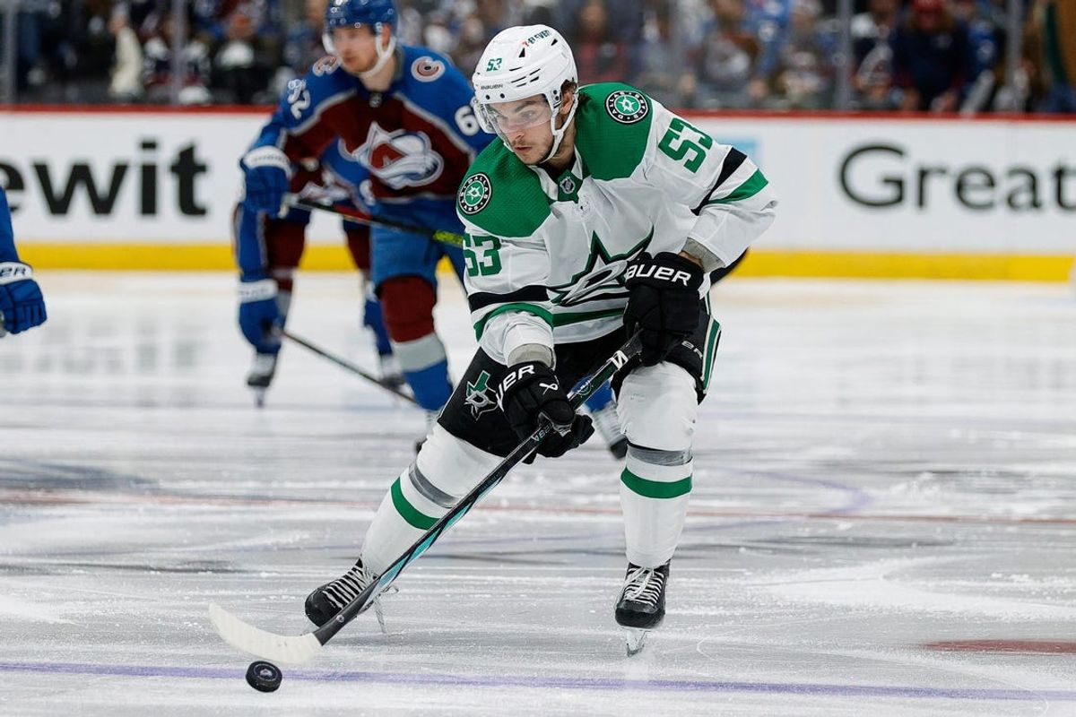 May 13, 2024; Denver, Colorado, USA; Dallas Stars center Wyatt Johnston (53) controls the puck in the third period against the Colorado Avalanche in game four of the second round of the 2024 Stanley Cup Playoffs at Ball Arena. Mandatory Credit: Isaiah J. Downing-USA TODAY Sports