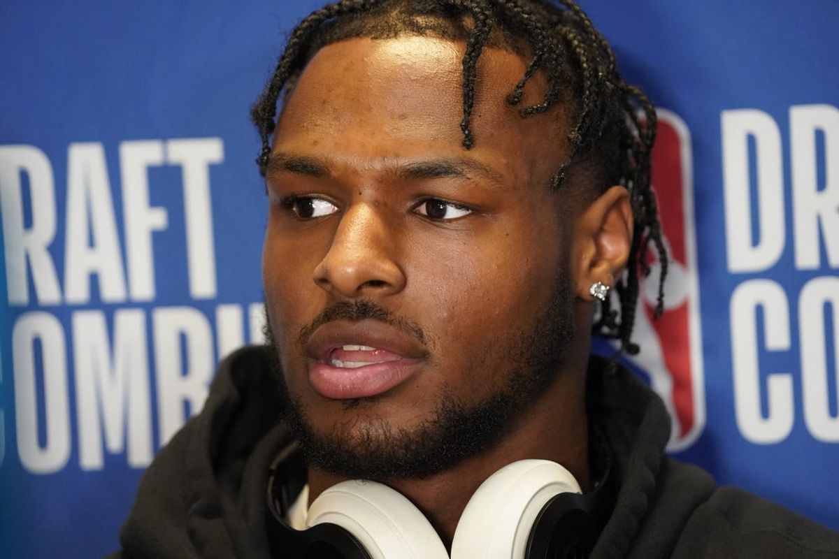 May 14, 2024; Chicago, IL, USA; Bronny James talks to the media during the 2024 NBA Draft Combine at Wintrust Arena. Mandatory Credit: David Banks-USA TODAY Sports