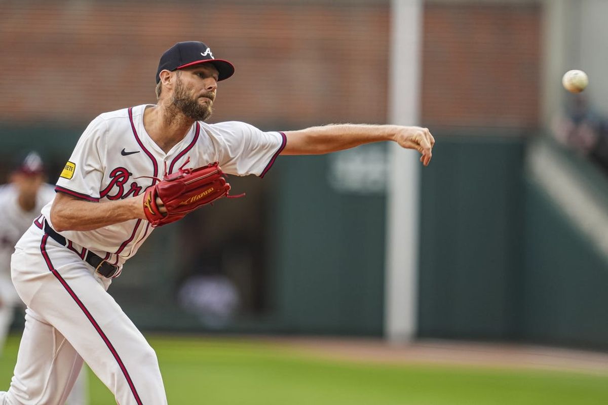 May 14, 2024; Cumberland, Georgia, USA; Atlanta Braves starting pitcher Chris Sale (51) pitches against the Chicago Cubs during the first inning at Truist Park. Mandatory Credit: Dale Zanine-USA TODAY Sports