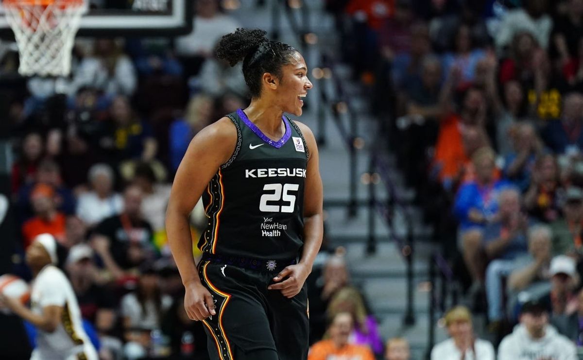 May 14, 2024; Uncasville, Connecticut, USA; Connecticut Sun forward Alyssa Thomas (25) reacts after a play against the Indiana Fever in the second quarter at Mohegan Sun Arena. Mandatory Credit: David Butler II-USA TODAY Sports