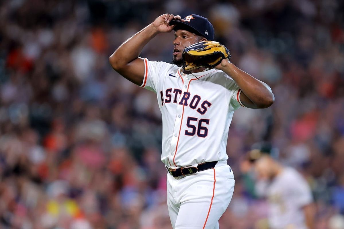 May 14, 2024; Houston, Texas, USA; Houston Astros starting pitcher Ronel Blanco (56) reacts after retiring the side against the Oakland Athletics during the first inning at Minute Maid Park. Mandatory Credit: Erik Williams-USA TODAY Sports