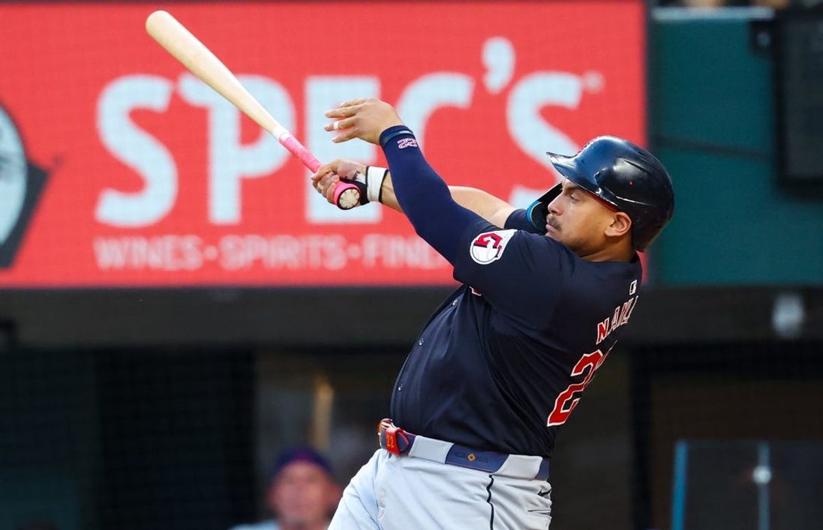 May 14, 2024; Arlington, Texas, USA;  Cleveland Guardians first base Josh Naylor (22) hits a three-run home run during the second inning against the Texas Rangers at Globe Life Field. Mandatory Credit: Kevin Jairaj-USA TODAY Sports