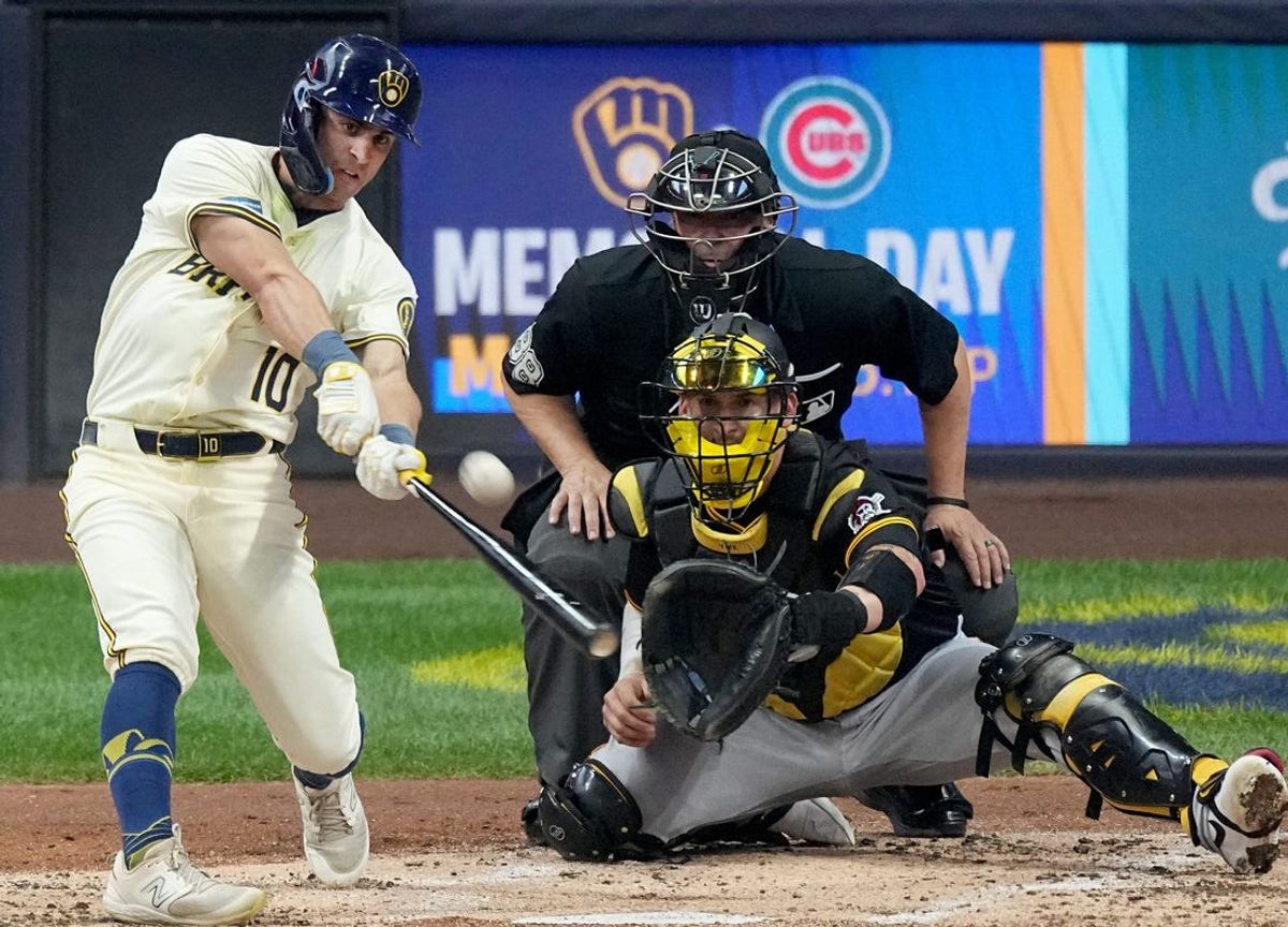 Milwaukee Brewers outfielder Sal Frelick (10) hits a two-run home run during the second inning of their game against the Pittsburgh Pirates Tuesday, May 14, 2024 at American Family Field in Milwaukee, Wisconsin.