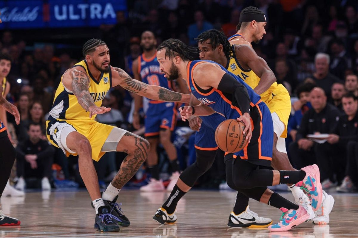 May 14, 2024; New York, New York, USA; New York Knicks guard Jalen Brunson (11) dribbles against Indiana Pacers forward Obi Toppin (1) during the first half during game five of the second round for the 2024 NBA playoffs at Madison Square Garden. Mandatory Credit: Vincent Carchietta-USA TODAY Sports
