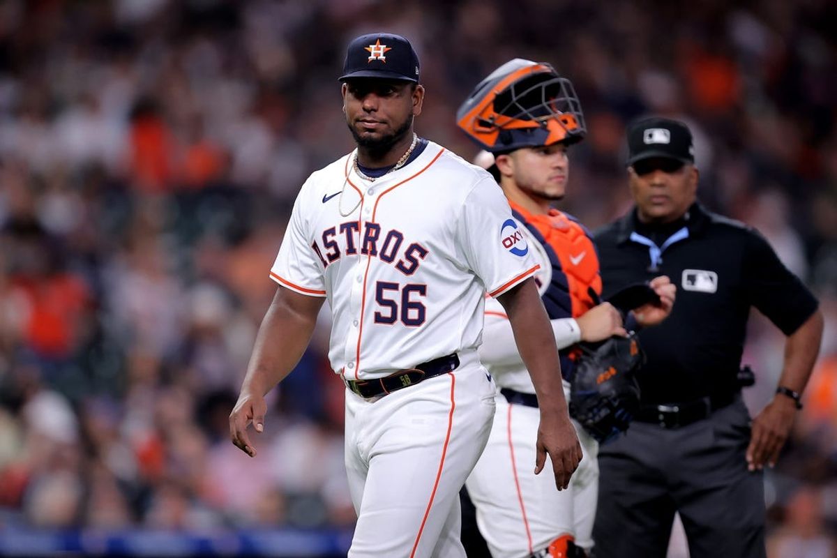 May 14, 2024; Houston, Texas, USA; Houston Astros starting pitcher Ronel Blanco (56) reacts after being ejected prior to the fourth inning against the Oakland Athletics at Minute Maid Park. Mandatory Credit: Erik Williams-USA TODAY Sports