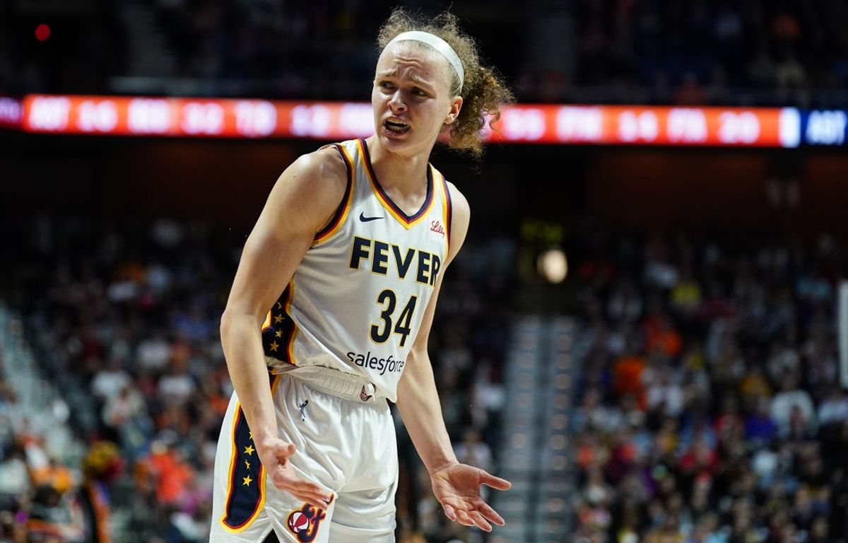 May 14, 2024; Uncasville, Connecticut, USA; Indiana Fever guard Grace Berger (34) reacts after called for a foul as they take on the Connecticut Sun in the second half at Mohegan Sun Arena. Mandatory Credit: David Butler II-Imagn Images