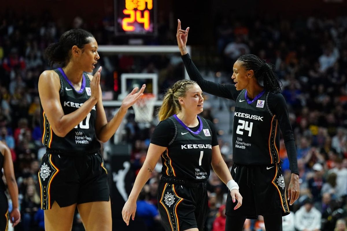 May 14, 2024; Uncasville, Connecticut, USA; Connecticut Sun forward DeWanna Bonner (24) signals to the crowd as they take on the Indiana Fever in the second half at Mohegan Sun Arena. Mandatory Credit: David Butler II-USA TODAY Sports