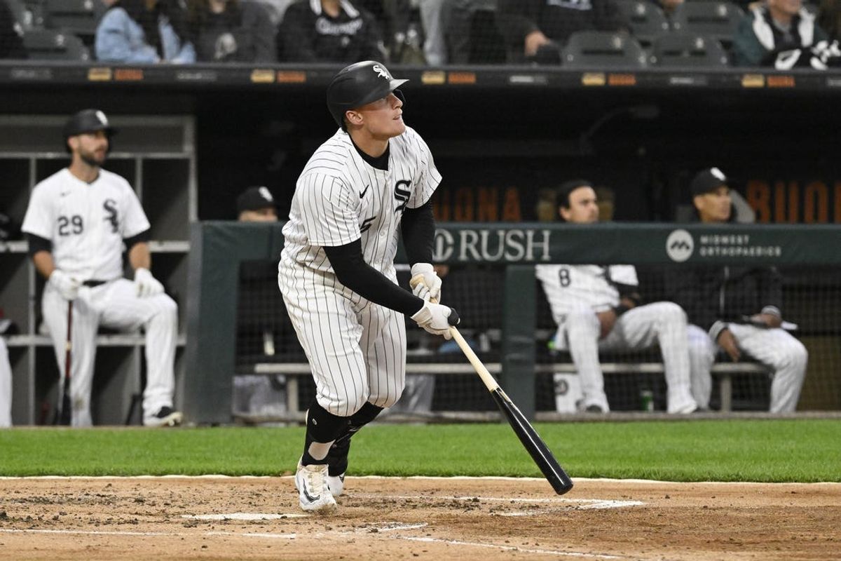 May 14, 2024; Chicago, Illinois, USA; Chicago White Sox first baseman Andrew Vaughn (25) hits a three run home run against the Washington Nationals during the third inning at Guaranteed Rate Field. Mandatory Credit: Matt Marton-USA TODAY Sports