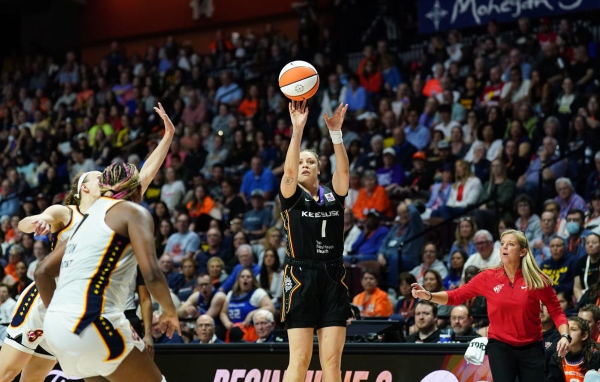 May 14, 2024; Uncasville, Connecticut, USA; Connecticut Sun guard Rachel Banham (1) shoots for three points against the Indiana Fever in the second half at Mohegan Sun Arena. Mandatory Credit: David Butler II-USA TODAY Sports