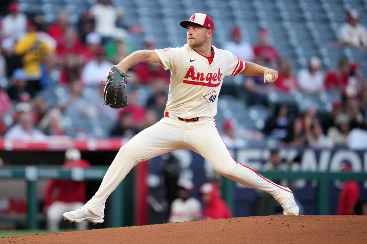 May 14, 2024; Anaheim, California, USA; Los Angeles Angels pitcher Reid Detmers (48) throws in the second inning against the St. Louis Cardinals at Angel Stadium. Mandatory Credit: Kirby Lee-USA TODAY Sports