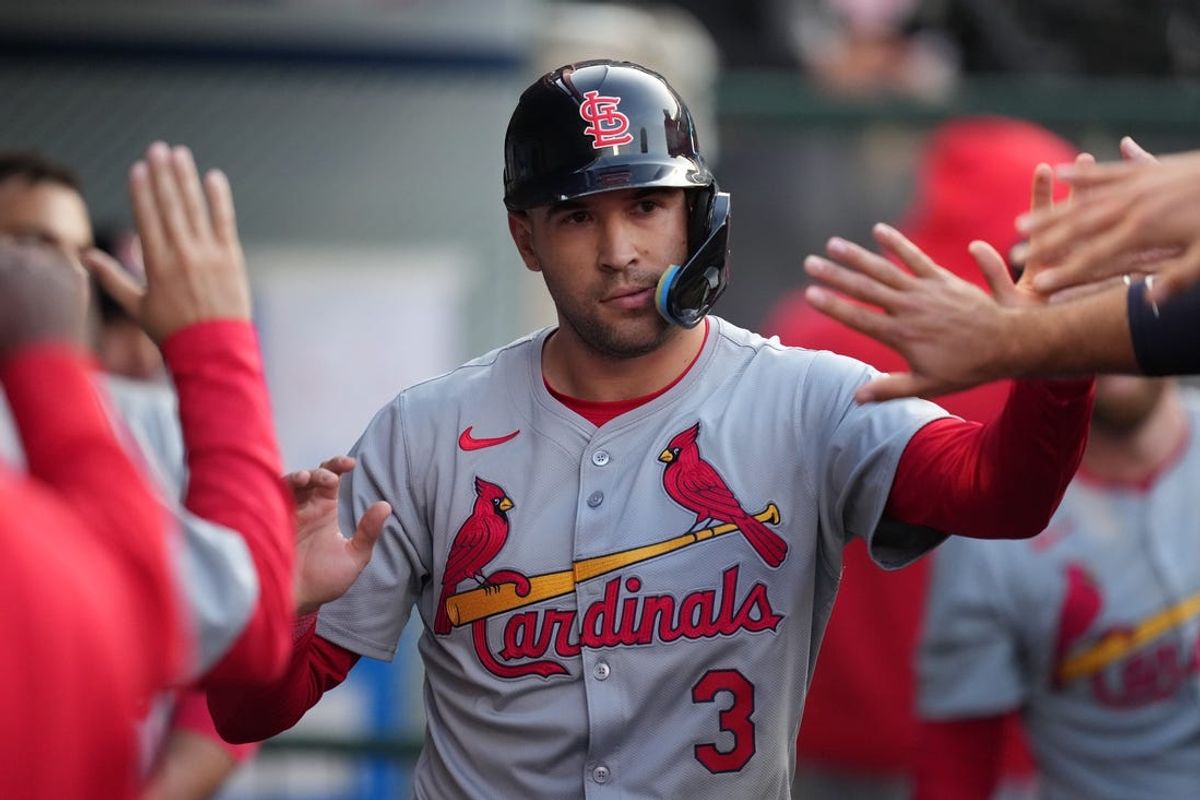 May 14, 2024; Anaheim, California, USA; St. Louis Cardinals right fielder Dylan Carlson (3) celebrates with teammates after scoring on a wild pitch in the second innin gagainst the Los Angeles Angels at Angel Stadium. Mandatory Credit: Kirby Lee-USA TODAY Sports