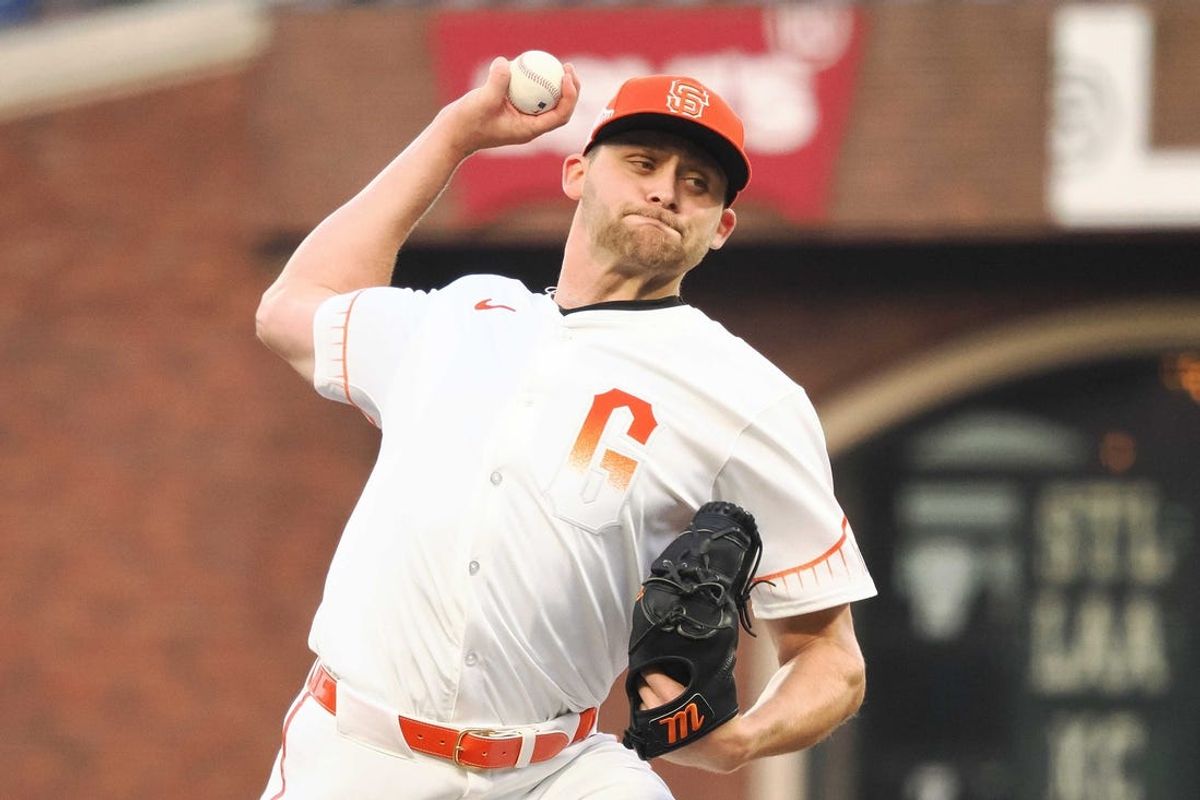 May 14, 2024; San Francisco, California, USA; San Francisco Giants starting pitcher Keaton Winn (67) pitches against the Los Angeles Dodgers during the third inning at Oracle Park. Mandatory Credit: Kelley L Cox-USA TODAY Sports