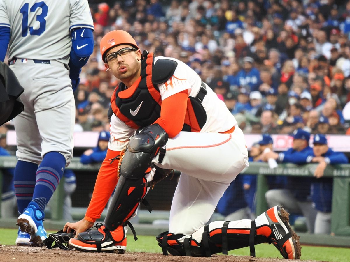 May 14, 2024; San Francisco, California, USA; San Francisco Giants catcher Blake Sabol (21) between pitches against the Los Angeles Dodgers during the fourth inning at Oracle Park. Mandatory Credit: Kelley L Cox-Imagn Images