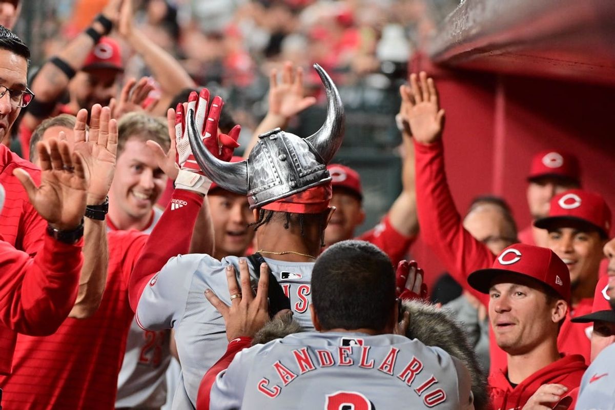May 14, 2024; Phoenix, Arizona, USA;  Cincinnati Reds outfielder Will Benson (30) celebrates with teammates after hitting a two run home run in the fifth inning against the Arizona Diamondbacks at Chase Field. Mandatory Credit: Matt Kartozian-USA TODAY Sports