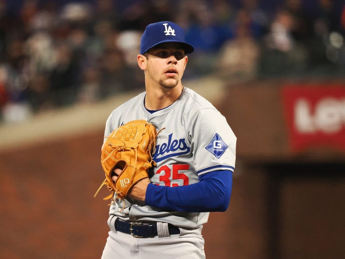 May 14, 2024; San Francisco, California, USA; Los Angeles Dodgers starting pitcher Gavin Stone (35) after allowing a San Francisco Giants bater to advance to third base on a wild pitch during the sixth inning at Oracle Park. Mandatory Credit: Kelley L Cox-USA TODAY Sports