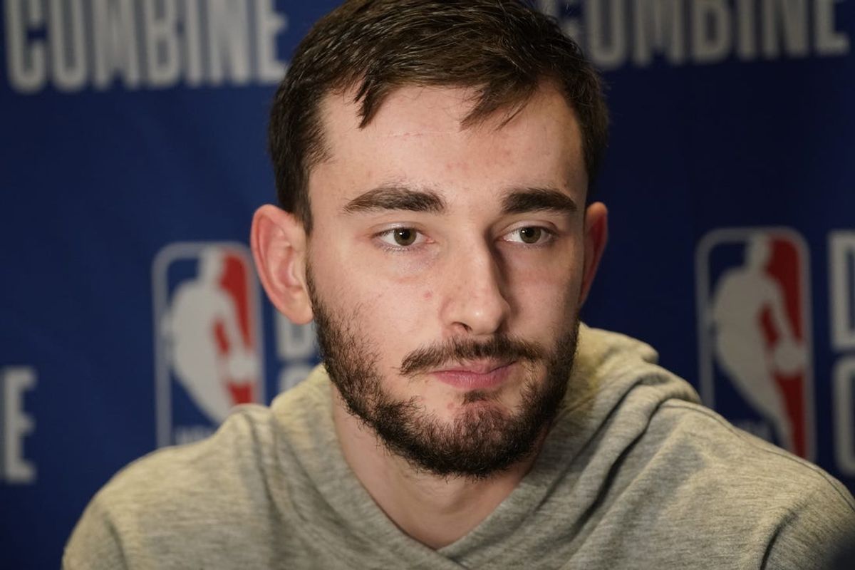 May 14, 2024; Chicago, IL, USA; Alex Karaban, who played for the UConn Huskies, talks to the media during the 2024 NBA Draft Combine at Wintrust Arena. Mandatory Credit: David Banks-USA TODAY Sports