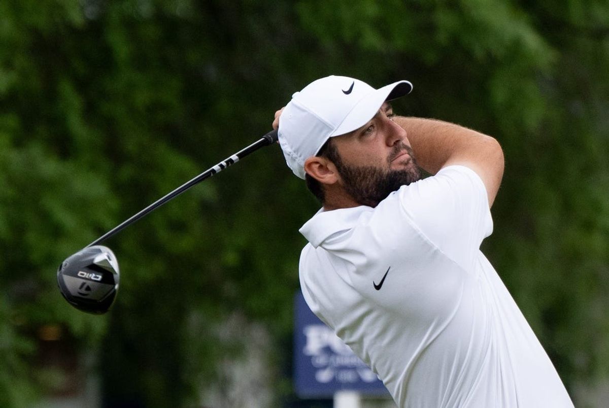 May 15, 2024; Louisville, Kentucky, USA; Scottie Scheffler tees off on the 10th hole during a practice round for the PGA Championship golf tournament at Valhalla Golf Club. Mandatory Credit: Clare Grant-USA TODAY Sports