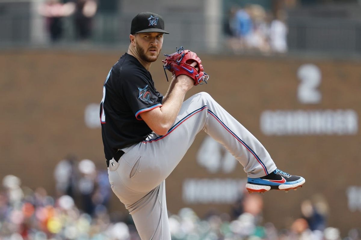 May 15, 2024; Detroit, Michigan, USA;  Miami Marlins pitcher Trevor Rogers (28) pitches in the third inning against the Detroit Tigers at Comerica Park. Mandatory Credit: Rick Osentoski-USA TODAY Sports