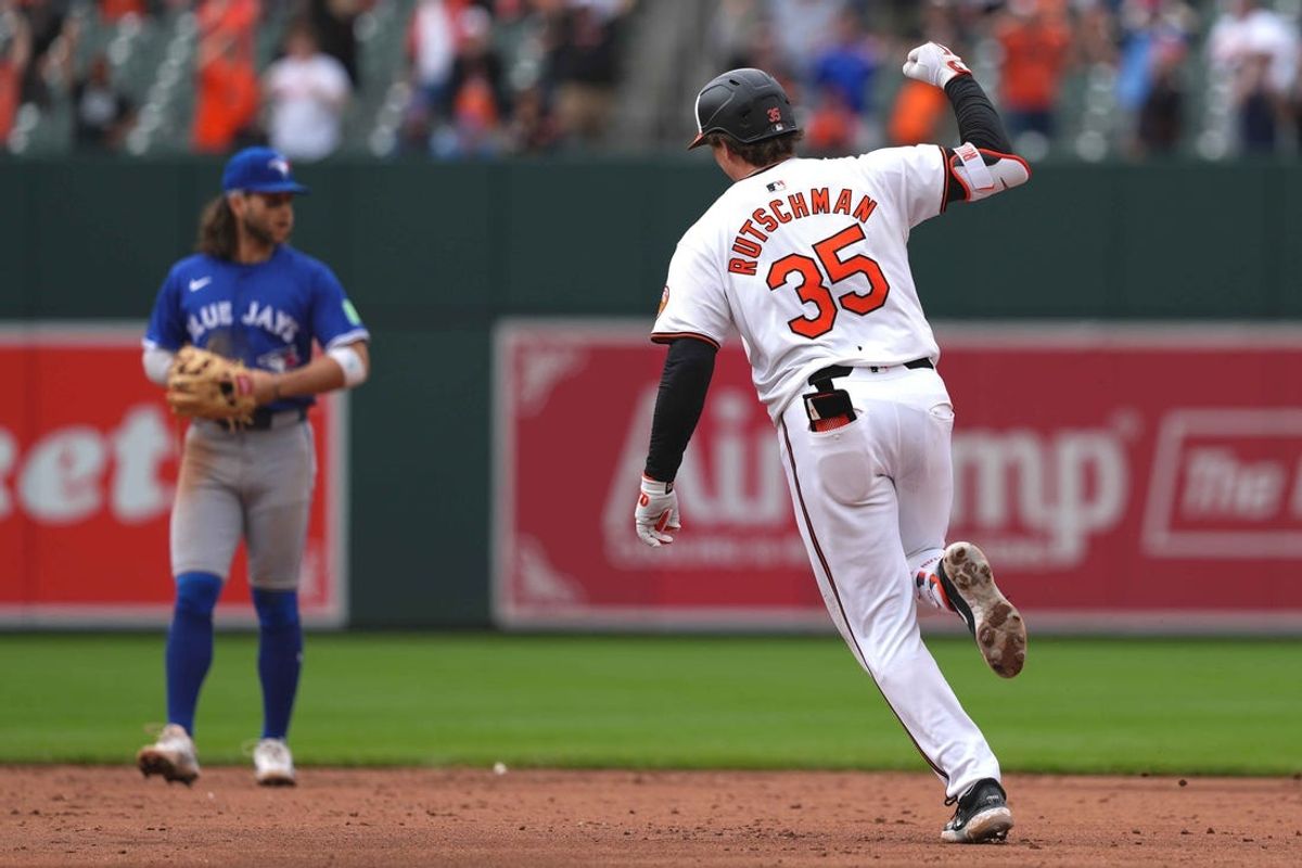 May 15, 2024; Baltimore, Maryland, USA; Baltimore Orioles designated hitter Adley Rutschman (35) rounds the bases after connecting on a game winning, two-run home run against the Toronto Blue Jays in the ninth inning at Oriole Park at Camden Yards. Mandatory Credit: Mitch Stringer-USA TODAY Sports