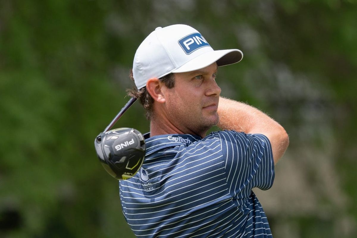 Harris English tees off on the 10th hole during day three of practice for the PGA Championship at Valhalla Golf Club on Wednesday, May 15, 2024.