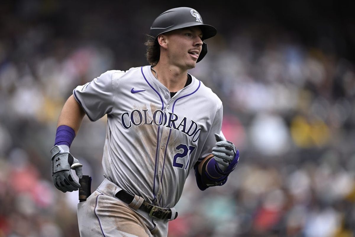 May 15, 2024; San Diego, California, USA; Colorado Rockies left fielder Jordan Beck (27) rounds the bases after hitting a two-run home run against the San Diego Padres during the sixth inning at Petco Park. Mandatory Credit: Orlando Ramirez-USA TODAY Sports