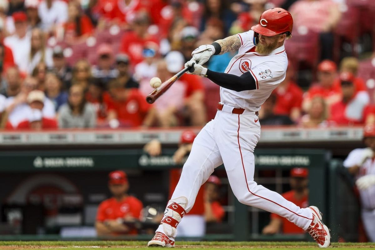 May 9, 2024; Cincinnati, Ohio, USA; Cincinnati Reds outfielder Jake Fraley (27) bats against the Arizona Diamondbacks in the second inning at Great American Ball Park. Mandatory Credit: Katie Stratman-USA TODAY Sports