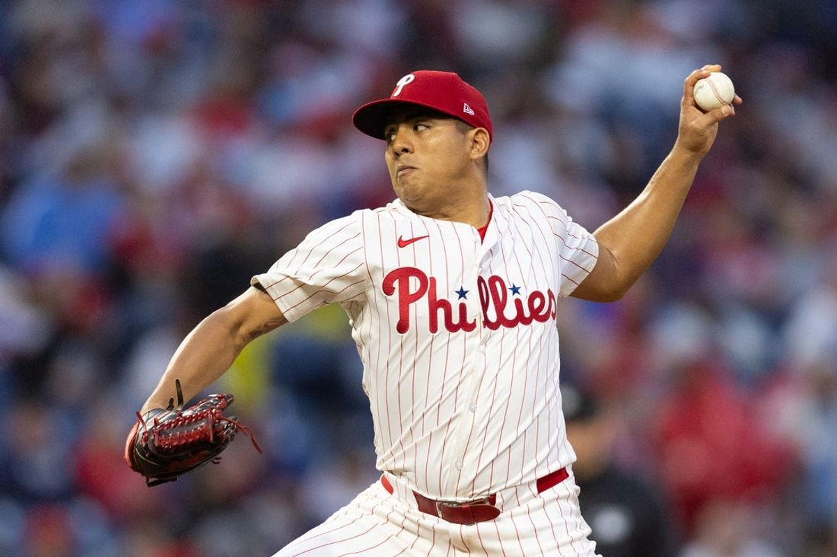 May 15, 2024; Philadelphia, Pennsylvania, USA; Philadelphia Phillies pitcher Ranger Suarez (55) throws a pitch against the New York Mets at Citizens Bank Park. Mandatory Credit: Bill Streicher-USA TODAY Sports