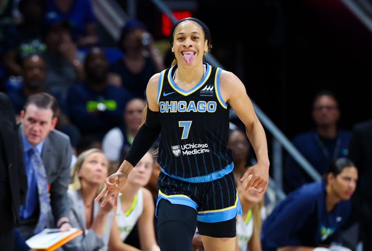 May 15, 2024; Arlington, Texas, USA;  Chicago Sky guard Chennedy Carter (7) reacts during the first quarter against the Dallas Wings at College Park Center. Mandatory Credit: Kevin Jairaj-USA TODAY Sports