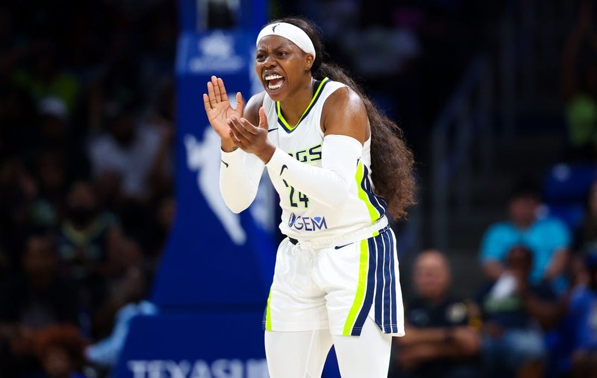 May 15, 2024; Arlington, Texas, USA;  Dallas Wings guard Arike Ogunbowale (24) reacts during the first half against the Chicago Sky at College Park Center. Mandatory Credit: Kevin Jairaj-USA TODAY Sports